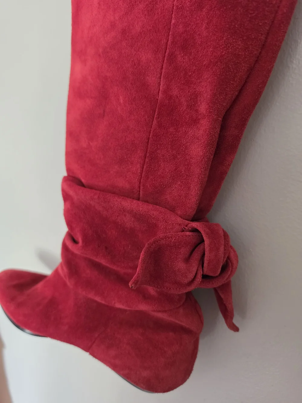 Vintage Red Suede Knee High Slouch Boots Made in Yugoslavia Size 8M Bow Accent